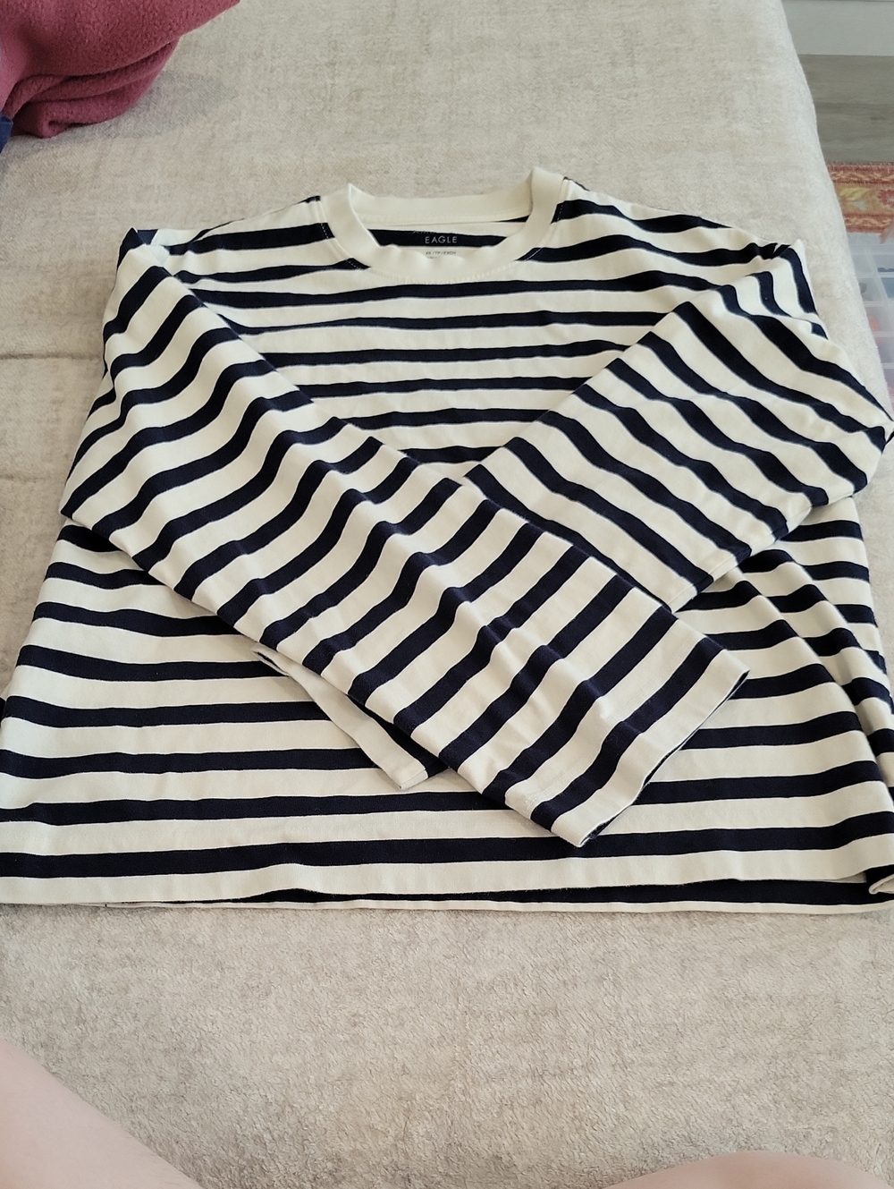 American Eagle, Blue And Off-White Striped Boxy-Style Top, Round Neck, Size XS